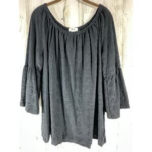 Style & Co Peasant‎ Blouse Size XL Black Elastic Neck Eyelet Lace Flounce Sleeve